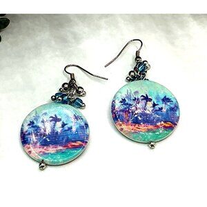 Tropical Beach Scene Dangle Earrings With Blue Beads and Hook